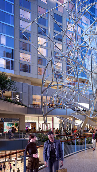 related-california-city-centers-pillar-the grand courtyard at twilight with frank gehry sculpture ( courtesy of related - core) .jpg